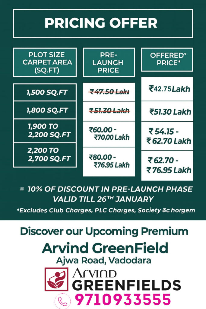 arvind smartspaces greenfields vadodara price list